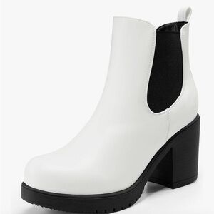 Dream Paris White Chunky Heel Chelsea Boots Slip On